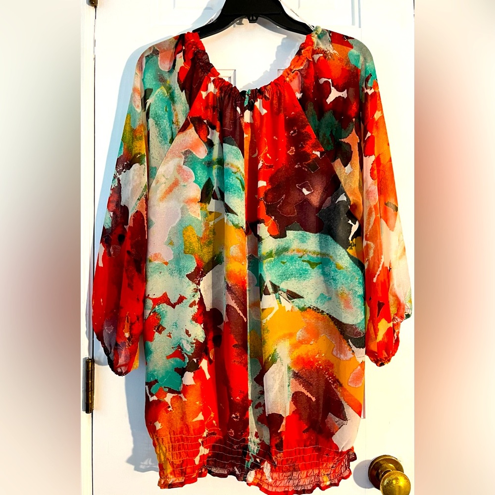 CALVIN KLEIN Women's Vibrant Watercolor Tie-Front Pullover Blouse. Size: XL - Picture 2 of 10